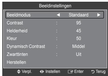 Beeldinstellingen Beeldmodus Standaard Contrast : 95 Helderheid : 45 Kleur : 50 Dynamisch Contrast : Middel Zwarttinten : Uit Herstellen Verpl. Instellen Enter Terug