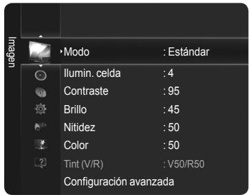 Modo : Estándar Ilumin. celda : 4 Contraste : 95 Brillo : 45 Nitidez : 50 Color : 50 Tint (V/R) : V50/R50 Configuración avanzada