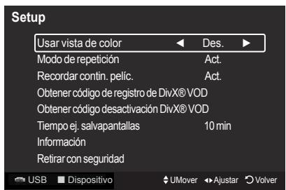 Setup Usar vista de color Des. Modo de repetición Act. Recordar contin. pelic. Act. Obtener código de registro de DivX® VOD Obtener código desactivación DivX® VOD Tiempo ej. salvapantallas 10 min Información Retirar con seguridad USB Dispositivo UMover Adjustar Volver