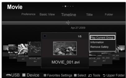 Movie Preference Basic View Timeline Ttitle Folder Apr 27 2009 1/5 MOVIE_001.avi Play Current Group Information Remove Safety MOVIE_001.avi USB Device Favorites Settings Select Tools Upper Folder