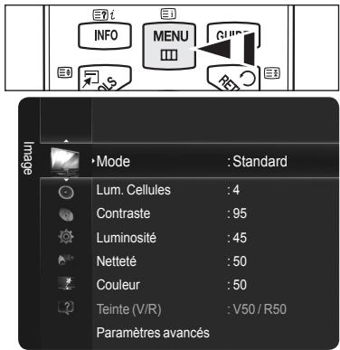Info MENU GUI Mode : Standard Lum. Cellules : 4 Contraste : 95 Luminosité : 45 Netteté : 50 Couleur : 50 Teinte (V/R) : V50 / R50 Paramètres avancés