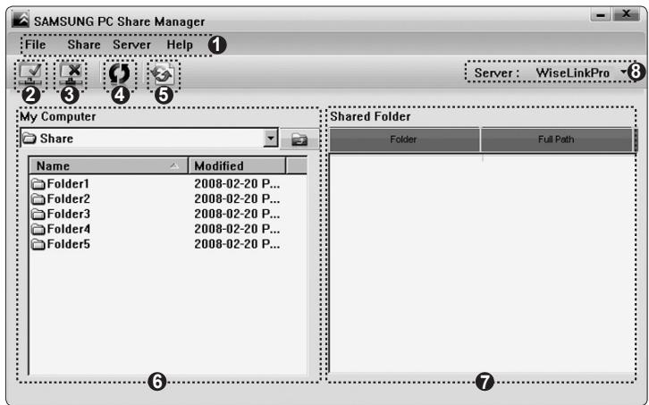 SAMSUNG PC Share Manager File Share Server Help Server: WiseLinkPro My Computer Share Name Modified Folder1 2008-02-20 P... Folder2 2008-02-20 P... Folder3 2008-02-20 P... Folder4 2008-02-20 P... Folder5 2008-02-20 P... Shared Folder Folder Full Path