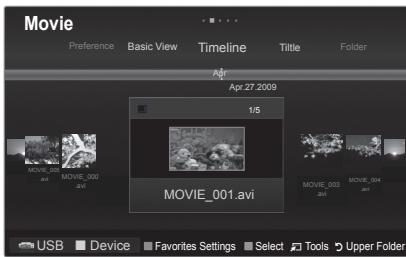 Movie Preference Basic View Timeline Tittle Folder Air Apr 27 2009 1/5 MOVIE_001.avi MOVIE_003 MOVIE_004 USB Device Favorites Settings Select Tools Upper Folder