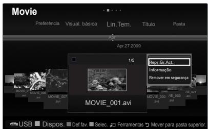 Movie Preferência Visual. básica Lin.Tem. Título Pasta Apr 27.2009 1/5 Repr.Gr.Act. Informação Remover em segurança MOVIE_001.avi MOVIE_002 MOVIE_003 MOVIE_007 MOVIE_008 MOVIE_009 MOVIE_010 MOVIE_011 USB Dispos. Def fav. Selec. Ferramentas Mover para pasta superior