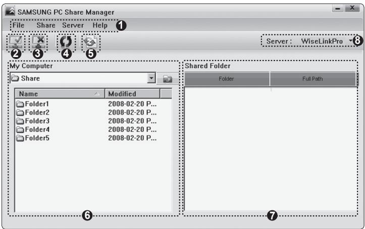 SAMSUNG PC Share Manager File Share Server Help Server: WiseLinkPro My Computer Share Name Modified Folder1 2008-02-20 P... Folder2 2008-02-20 P... Folder3 2008-02-20 P... Folder4 2008-02-20 P... Folder5 2008-02-20 P... Shared Folder Folder Full Path