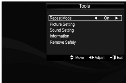 Tools Repeat Mode On Picture Setting Sound Setting Information Remove Safely Move Adjust Exit