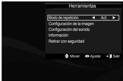 Herramientas Modo de repetición Act. Configuración de la imagen Configuración del sonido Información Retirar con seguridad Mover Ajustar Salir