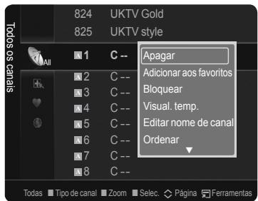 824 UKTV Gold 825 UKTV style 1 C -- Apagar 2 C -- Adicionar aos favoritos 3 C -- Bloquear 4 C -- Visual. temp. 5 C -- Editar nome de canal 6 C -- Ordenar 7 C -- 8 C -- Todas Tipo de canal Zoom Select. Página Ferramentas
