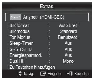 Extras Anynet+ (HDMI-CEC) Bildformat : Auto Breit Bildmodus : Standard Ton Modus : Benutzerd. Sleep-Timer : Aus SRS TS HD : Aus Energiesparmod. : Aus Dual II : Mono Zu Favoriten hinzufügen Navig. Eingabe Beenden
