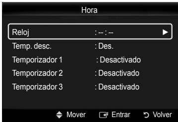 Hora Reloj : --: -- Temp. desc. : Des. Temporizador 1 : Desactivado Temporizador 2 : Desactivado Temporizador 3 : Desactivado Mover Enrar Volver