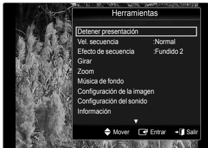 Herramientas Detener presentación Vel. secuencia :Normal Efecto de secuencia :Fundido 2 Girar Zoom Música de fondo Configuración de la imagen Configuración del sonido Información Mover Enrar Salir