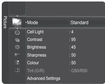 Picture •Mode :Standard Cell Light : 4 Contrast : 95 Brightness : 45 Sharpness : 50 Colour : 50 ? Tint (G/R) : G50/R50 Advanced Settings