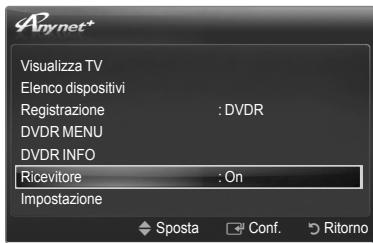 Anynet+ Visualizza TV Elenco dispositivi Registrazione : DVDR DVDR MENU DVDR INFO Ricevitore : On Impostazione Sposta Conf. Ritorno