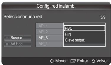 Config. red inalámb. Seleccionar una red 3/9 AP_1 PBC AP_2 PIN AP_3 Clave segur. Buscar Ad Hoc AP_4 Mover Entrar Volver
