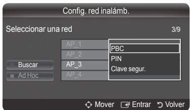 Config. red inalamb. Seleccionar una red 3/9 AP_1 PBC AP_2 PIN AP_3 Clave segur. Buscar Ad Hoc AP_4