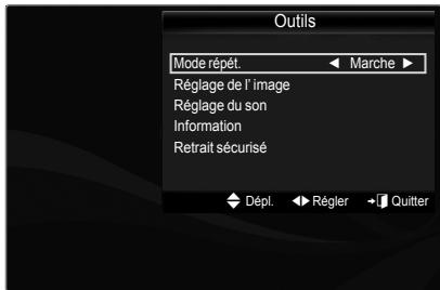 Outils Mode répét. ← Marche ► Réglage de l'image Réglage du son Information Retrait sécurisé Dépl. ← Régler → Quitter