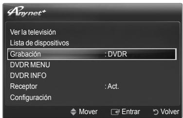 Anynet+ Ver la televisión Lista de dispositivos Grabación : DVDR DVDR MENU DVDR INFO Receptor : Act. Configuración Mover Entrar Volver