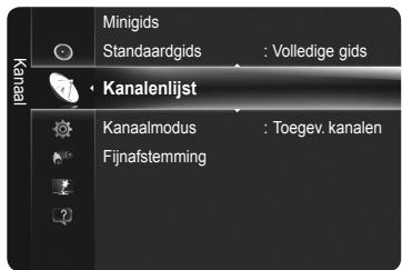 Minigids Standaardgids : Volledige gids Kanalenlijst Kanaalmodus : Toegev. kanalen Fijnafstemming