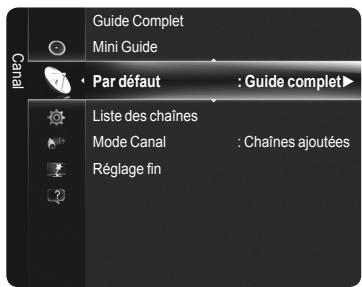 Guide Complet Mini Guide Par défaut : Guide complet Liste des chaînes Mode Canal : Chaînes ajoutées Réglage fin