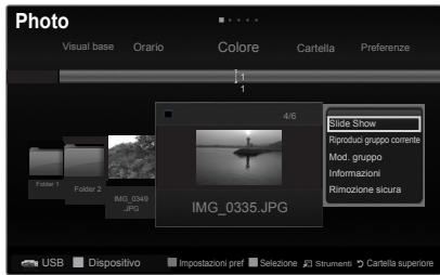 Photo Visual base Orario Colore Cartella Preferenze 1 4/6 Slide Show Repubo gruppo corrente Mod. gruppo Informazioni Rimozione sicura Folder 1 Folder 2 IMG_0349.JPG IMG_0335.JPG USB Dispositivo Impostazioni pref Sezione Instruments Cartella superiori