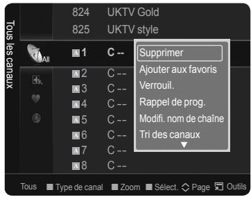 824 UKTV Gold 825 UKTV style Supprimer Ajouter aux favors Verrouil. Rappel de prog. Modifi. nom de chaîne Tri des canaux Tous Type de canal Zoom Select Page Outils
