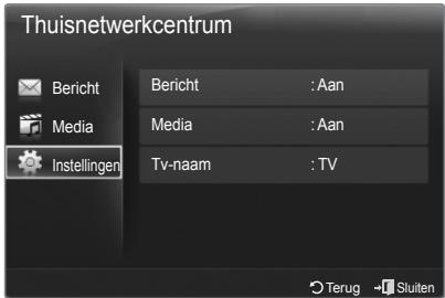 Thuisnetwerkcentrum Bericht Bericht : Aan Media Media : Aan Instellingen Tv-naam : TV Terug -Sluiten