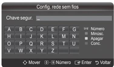 Config. rede sem fios Chave segur. _ A B C D E F G 0-9 Número H I J K L M N Minúsc. O P Q R S T U Apagar V W X Y Z Conc. Mover 0-9 Número Enter Voltar
