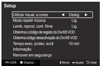 Setup Utilizar visual. a cores Deslig. Modo repetir música Lig. Lemb. reprod. cont. filme Lig. Obtenha o código de registo do DivX® VOD Obtenha código desactivação do DivX® VOD Tempo exec. protec. ecrã 10 min Informação Remover em segurança USB Dispos. Mover Àjustar(Voltar)