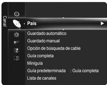 Cana País Guardado automático Guardado manual Opción de búsqueda de cable Guía completa Minigula Guía predeterminada : Guía completa Lista de canales