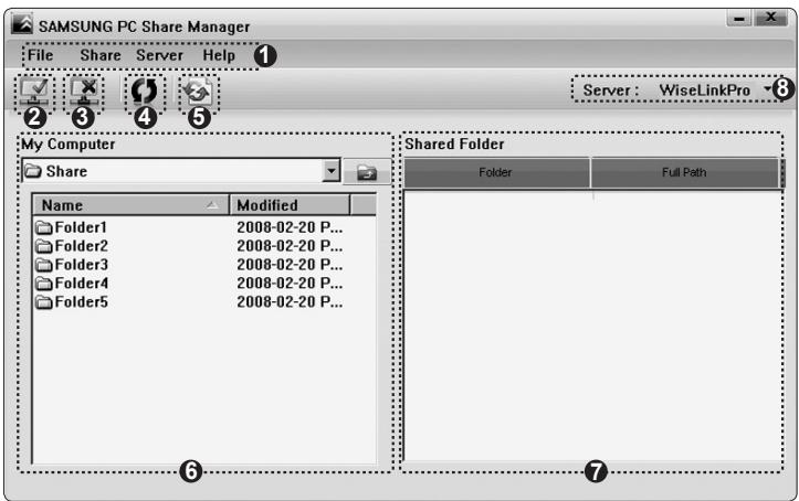 SAMSUNG PC Share Manager File Share Server Help Server: WiseLinkPro My Computer Share Name Modified Folder1 2008-02-20 P... Folder2 2008-02-20 P... Folder3 2008-02-20 P... Folder4 2008-02-20 P... Folder5 2008-02-20 P... Shared Folder Folder Full Path