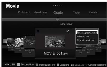 Movie Preferenze Visual base Orario Titolo Cartella Apr 27.2009 1/5 Repubo gruppo oresti Informazioni Rimozione sicura MOVIE_001.avi MOVIE_002 MOVIE_003 MOVIE_004 USB Dispositivo Impostazioni pref Sezione Strumenti Cartella superiore