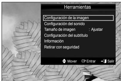 Herramientas Configuración de la imagen Configuración del sonido Tamaño de imagen : Ajustar Configuración del subtítulo Información Retirar con seguridad Mover Entrar Salir