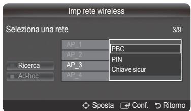 Imp rete wireless Seleziona una rete 3/9 AP_1 PBC AP_2 PIN AP_3 Chiave sicur AP_4 Ricerca Ad-hoc Sposta Conf. Ritorno