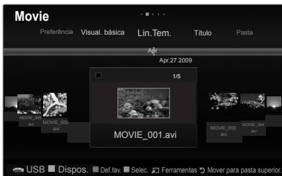 Movie Preferência Visual. básica Lin. Tem. Título Pasta Apr 27 2009 1/5 MOVIE_001.avi MOVIE_003 MOVIE_004 USB Dispos. Def fav. Selec. Ferramentas Mover para pasta superior.