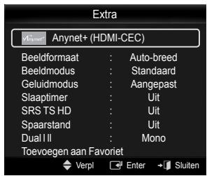 Extra Anynet+ (HDMI-CEC) Beeldformaat : Auto-breed Beeldmodus : Standaard Geluidmodus : Aangepast Slaaptimer : Uit SRS TS HD : Uit Spaarstand : Uit Dual II : Mono Toevoegen aan Favoriet Verpl Enter Sluiten