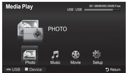 Media Play USB : USB 851.98MB/995.00MB Free PHOTO Photo Music Movie Setup USB Device Return