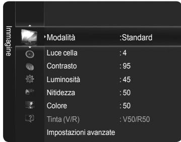 Immagine • Modalità :Standard Luce cella : 4 Contrasto : 95 Luminosità : 45 Nitidezza : 50 Colore : 50 Tinta (V/R) : V50/R50 Impostazioni avanzate