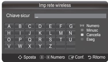 Imp rete wireless Chiave sicur _ A B C D E F G H I J K L M N O P Q R S T U V W X Y Z 0-9 Numero ● Minusc □ Cancela ■ Eseg Sposta 0~9 Numero Conf. Ritorno