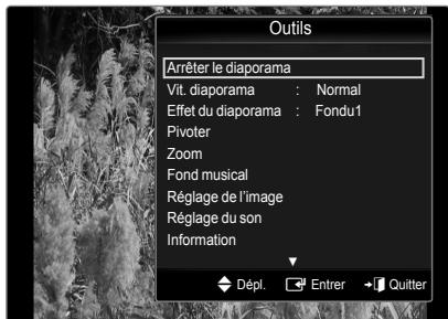 Outils Arrêter le diaporama Vit. diorama : Normal Effet du diorama : Fondu1 Pivoter Zoom Fond musical Réglage de l'image Réglage du son Information Dépl. Entrer Quitter