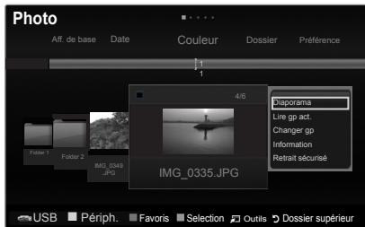 Photo Aff. de base Date Couleur Dossier Preférence 1 4/6 Iaporana Line gp act. Changer gp Information Retrait sécurisé Folder 1 Folder 2 IMG_0340.JPG IMG_0335.JPG USB Périph. Favors Selection Outils Dossier supérieur