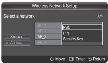 Wireless Network Setup Select a network 3/9 AP_1 PBC AP_2 PIN AP_3 Security Key AP_4 Search Ad-hoc Move Enter Return