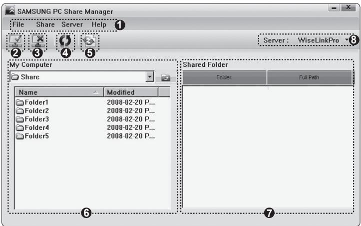 SAMSUNG PC Share Manager File Share Server Help Server: WiseLinkPro My Computer Share Name Modified Folder1 2008-02-20 P... Folder2 2008-02-20 P... Folder3 2008-02-20 P... Folder4 2008-02-20 P... Folder5 2008-02-20 P... Shared Folder Folder Full Path