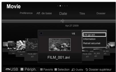 Movie Préférence Aff. de base Date Titre Dossier Apr 27 2009 1/5 Lire op act Information Retrait sécurisé FILM_001.avi FILM_000 M_003 M_004 USB Périph. Favoris Selection Outils Dossier supérieur