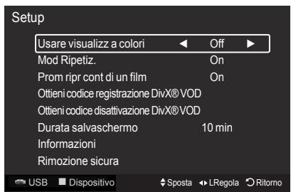 Setup Usare visualizz a colori Off Mod Ripetiz. On Prom ripr cont di un film On Ottieni codice registrazione DivX® VOD Ottieni codice disattivazione DivX® VOD Durata salvaschermo 10 min Informazioni Rimozione sicura USB Dispositivo Sposta LRegola Ritorno