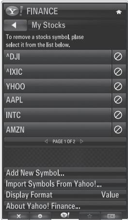 FINANCE My Stocks To remove a stocks symbol, please select it from the list below. ^DJI ^IXIC YHOO AAPL INTC AMZN Add New Symbol... Import Symbols From Yahoo!... Display Format Value About Yahoo! Finance...