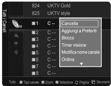 UKTV Gold UKTV style C -- Cancella Aggiungi a Preferiti Blocco Timer visione Modifica nome canale Ordina Tutto Tipo canale Zoom Selezione Pagina Strumenti