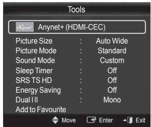 Tools Anynet+ (HDMI-CEC) Picture Size : Auto Wide Picture Mode : Standard Sound Mode : Custom Sleep Timer : Off SRS TS HD : Off Energy Saving : Off Dual II : Mono Add to Favourite Move Enter Exit