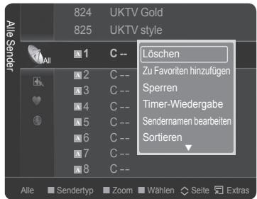 824 UKTV Gold 825 UKTV style 1 C -- Löschen 2 C -- Zu Favoriten hinzufügen 3 C -- Sperren 4 C -- Timer-Wiedergabe 5 C -- Sendernamen bearbeiten 6 C -- Sortieren 7 C -- 8 C -- Alle Sendertyp Zoom Wählen Seite Extras
