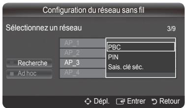 Configuration du réseau sans fil Sélectionnez un réseau 3/9 AP_1 PBC AP_2 PIN AP_3 Sais. clé séc. Recherche Ad hoc AP_4