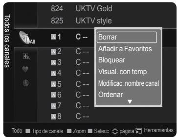 824 UKTV Gold 825 UKTV style 1 C -- Borrar 2 C -- Añadir a Favoritos 3 C -- Bloquear 4 C -- Visual. con temp 5 C -- Modificac. nombre canal 6 C -- Ordenar 7 C -- 8 C -- Todo Tipo de canale Zoom Selec pàgina Herramientas